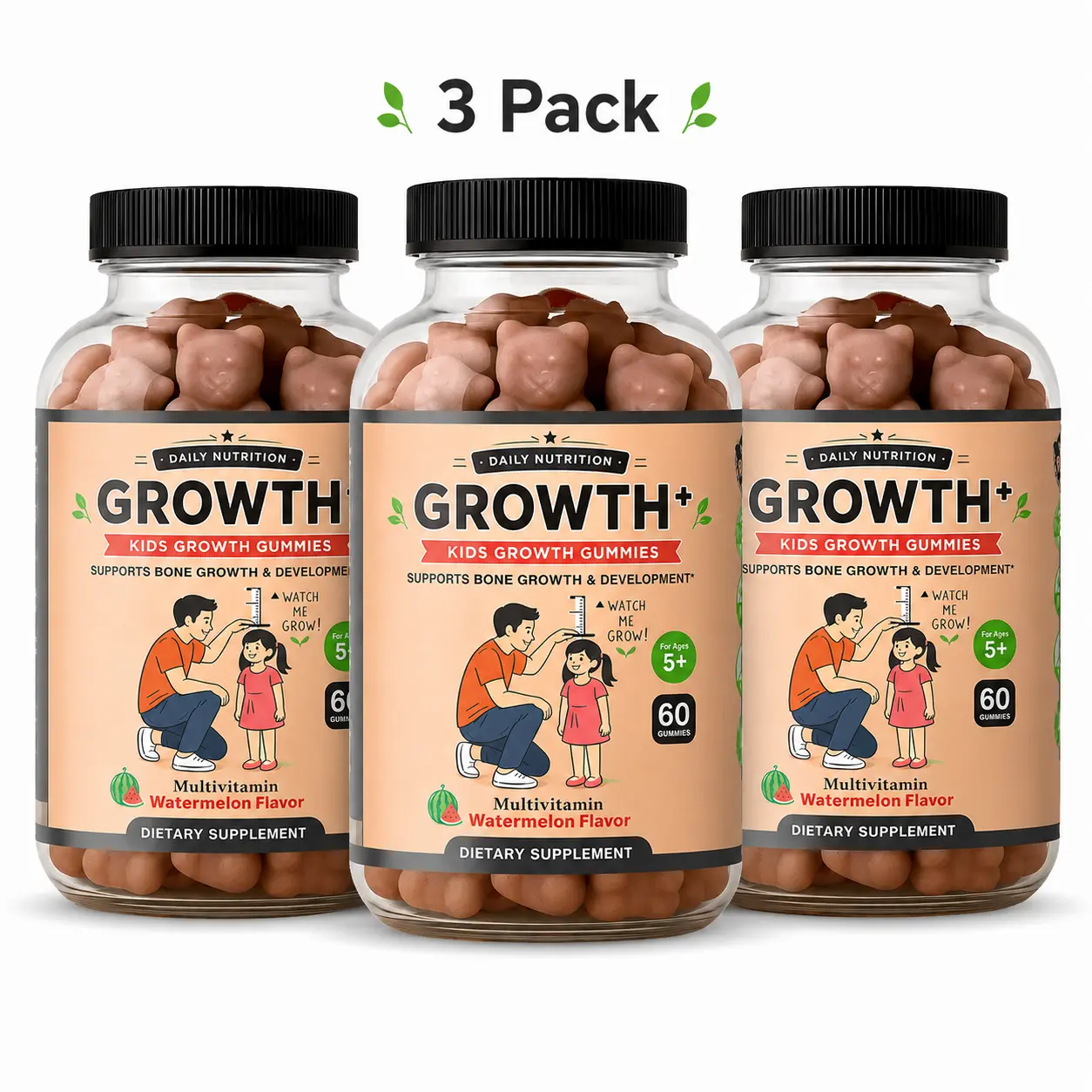 3 Bottles Growth Gummies (Watermelon) Natural Growth & Development Supplement for Kids & Teens - Vitamin D, K, Calcium & Ashwaganda, Bone Strength - Kids Vitamins, Ages 5+