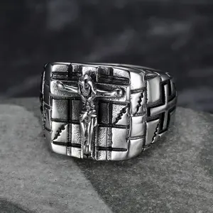 Vintage Jesus Pattern Gothic Stainless Steel Cross Ring - Dark Aesthetic Rings, Hip-hop Punk Style Fashionable Party Accessory