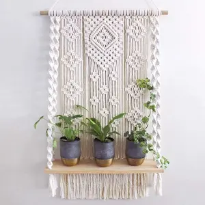 AMIAEDU Macrame Wall Hanging Shelf, Handmade Indoor Boho Pot Basket Hanger Holder, Rope  Hanger for Wall Decor (White)