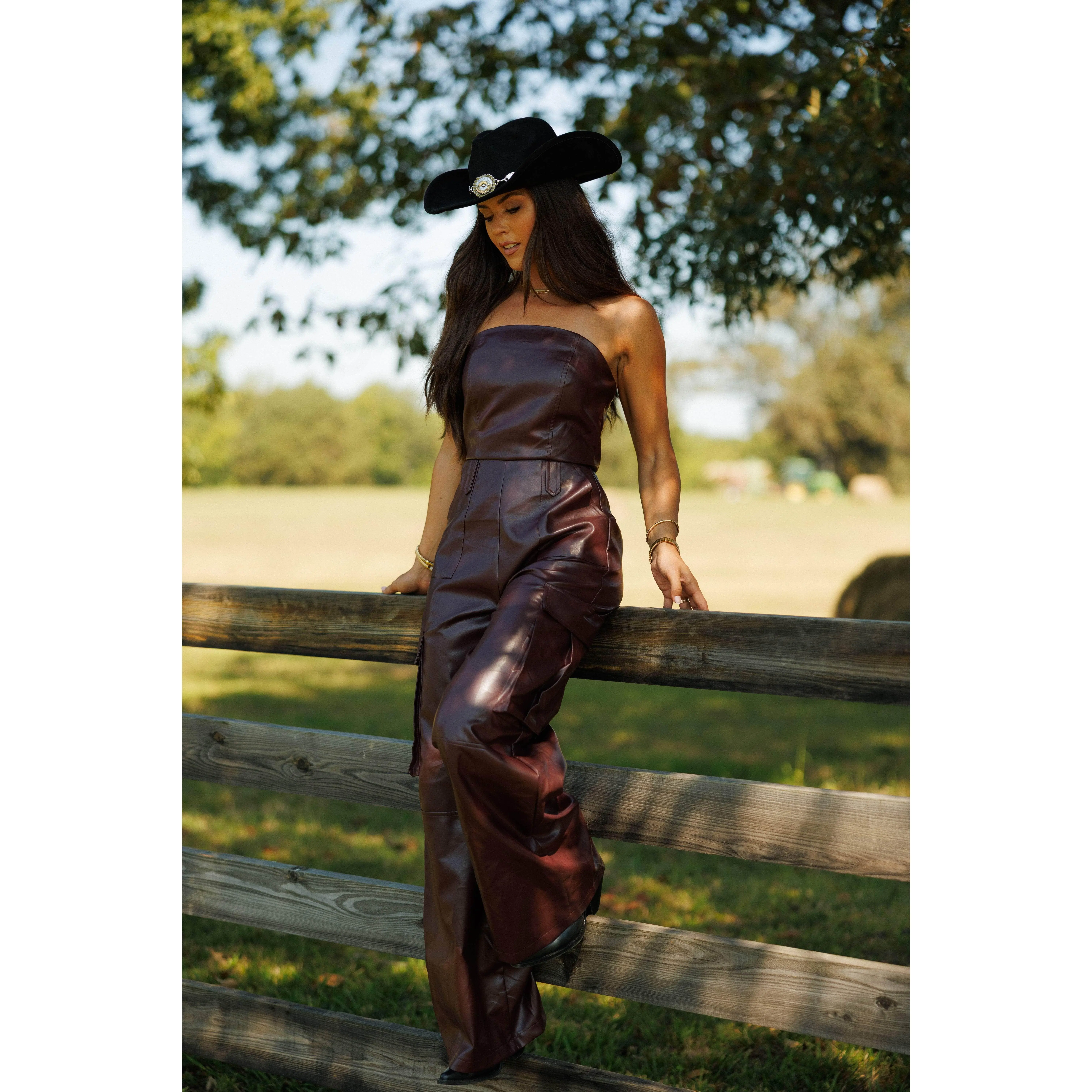 Women's Dark Burgundy Leather Overalls, Strapless Design, Belt-Accented, Zipper Closure, Spandex-Blended Jumpsuit, Fit, Sleeveless, Comfortable, Fabric, Faux Leather