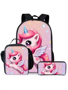 3-Piece Unicorn & Pony Print Backpack Set (Backpack, Lunch Bag & Pencil Case)