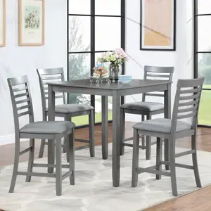 5 Piece Counter Height Dining Table Set, Farmhouse Kitchen Table Set with 4 Upholstered Chairs for Kitchen, Dining Room, Small Space, Grey