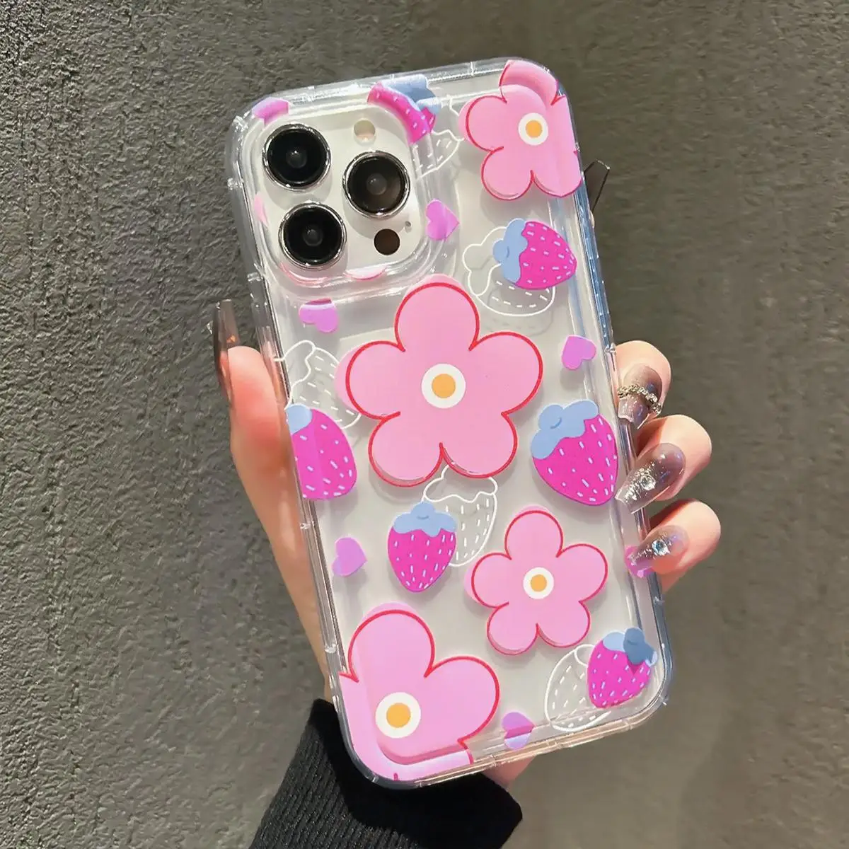 Strawberry & Flower Pattern Phone Case, Summer Decorative Phone Protector Cases, Phone Accessories Compatible with iPhone 15 Pro Max Cases Series