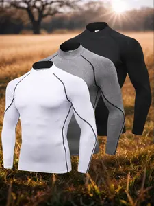 Men's Solid Raglan Sleeve Thermal Underwear Top, Casual High Neck Compression Base Layer T-shirt, Men's Clothes for Fall & Winter