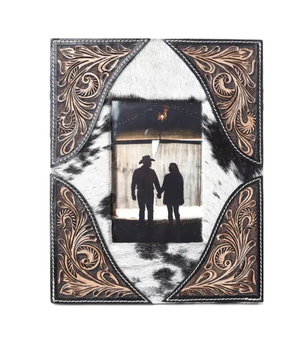 Myra Handtooled Leather Picture Frame - Glass Front, MDF Backing, Geometric Design, Wall-Mountable Home Decor, MDF Picture Frames for Wall