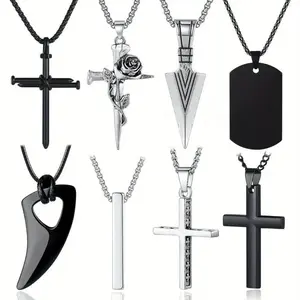 8 Pcs Men Necklace Set, Black & Silver Stainless Steel Chains, Cross Pendant Necklaces 16-24 Inches