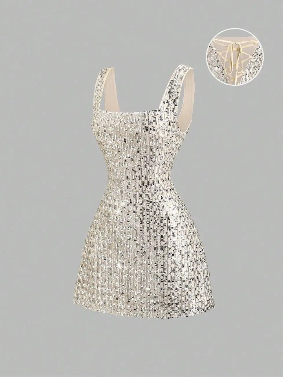 Women's Sexy Square Neck Backless Sequin Mini Dress, Cinched Waist Elegant French Style Summer Party Outfit