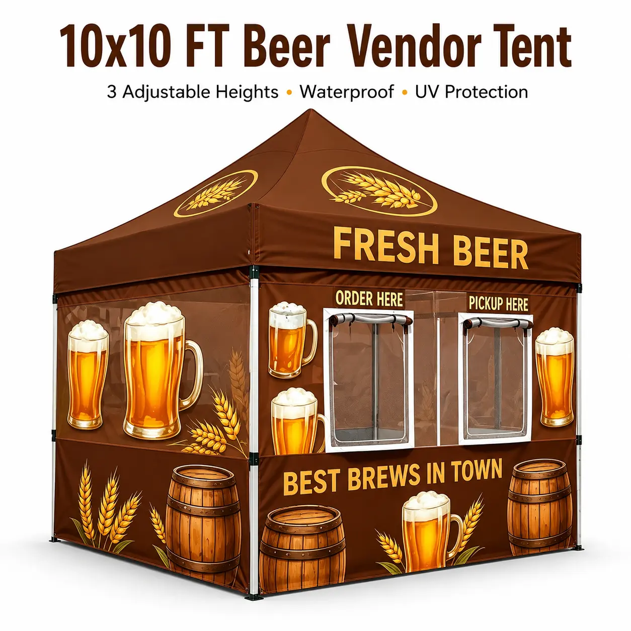 Beer Vending Pop-Up Canopy Tent with 40mm Hex Aluminum Frame, Sidewalls, Dual Service Windows, Breathable Mesh Screens, Waterproof UV-Protective Oxford Fabric, Vivid Printed Graphics for Markets, Festivals Business Booths