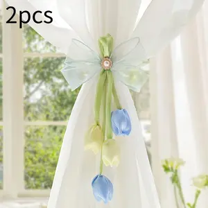 Elegant Yellow 2-Piece Garden-Style Adjustable Polyester Bow Curtain Ties, Window Curtain Straps, Home Decor Hanging Accessories, Bow Ties