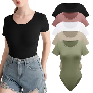 INIBUD Women's 5 pieces Bodysuits Round Crew Neck Short Sleeve Tshirt Stretchy Basic Summer Streetwear Body Suits