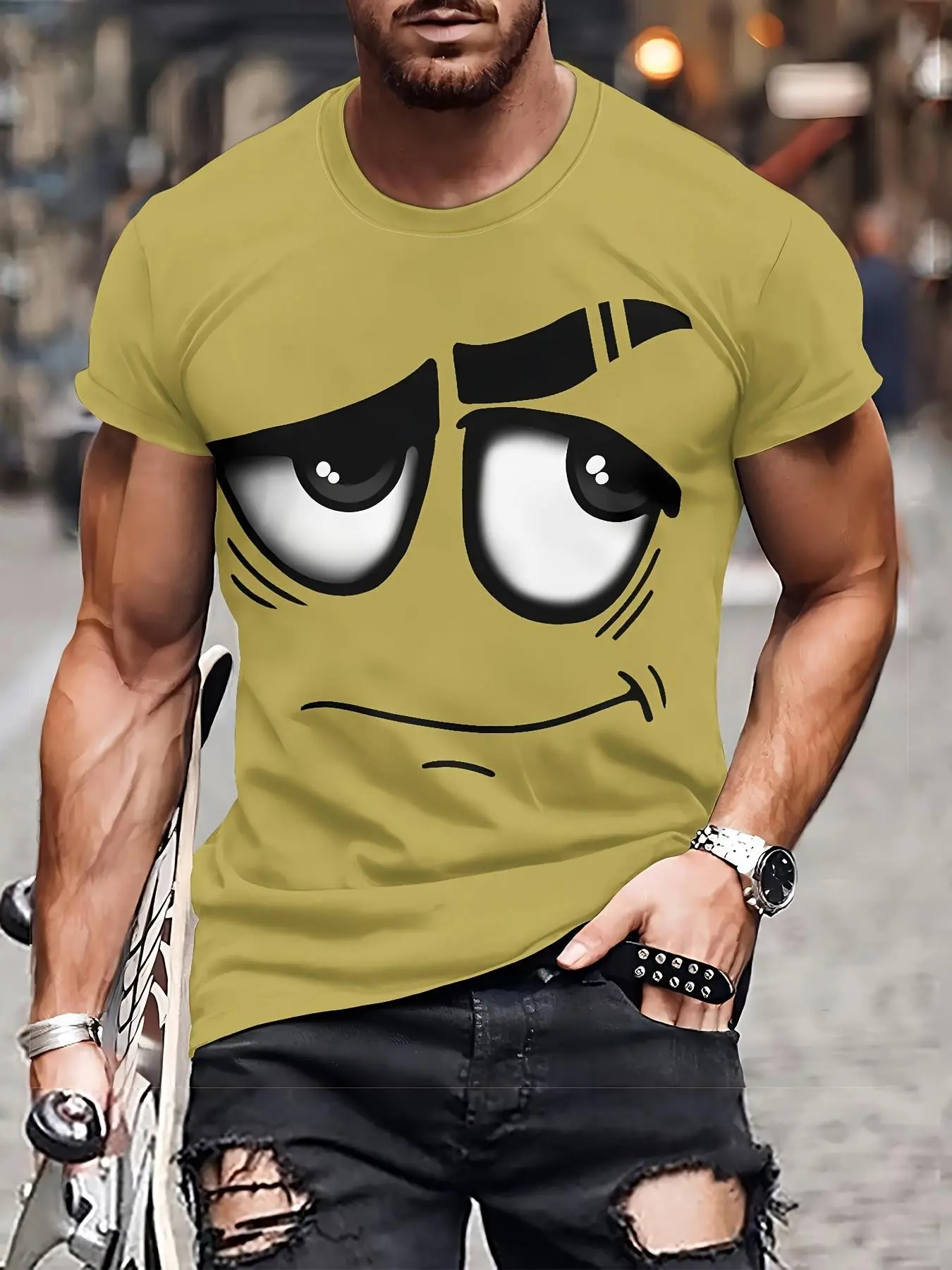 Cartoon Emoji Print Casual Graphic Design Short-Sleeve Slim Fit Long T-Shirt, Tops, a Fun and Trendy Casual Streetwear Style, Man, Menswear, Clothes
