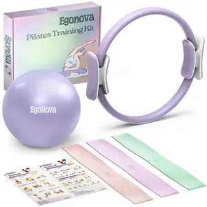 Pilates Ring Set: 14-Inch Magic Circle with Dual Padded Handles, Pilates Mini Ball, and Resistance Bands (15, 25, 35 lbs) for Strength, Flexibility, Stability, and Body Toning