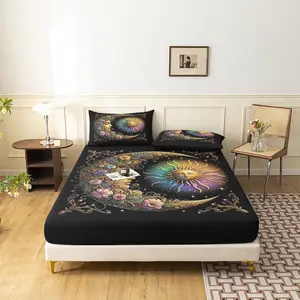 3pcs Art Nouveau Anthropomorphic Sun Moon Fitted Sheet Set - Bedding for Bedroom Guest Room And Dorm Room (1 Fitted Sheet +2 Pillowcases,No Pillow)