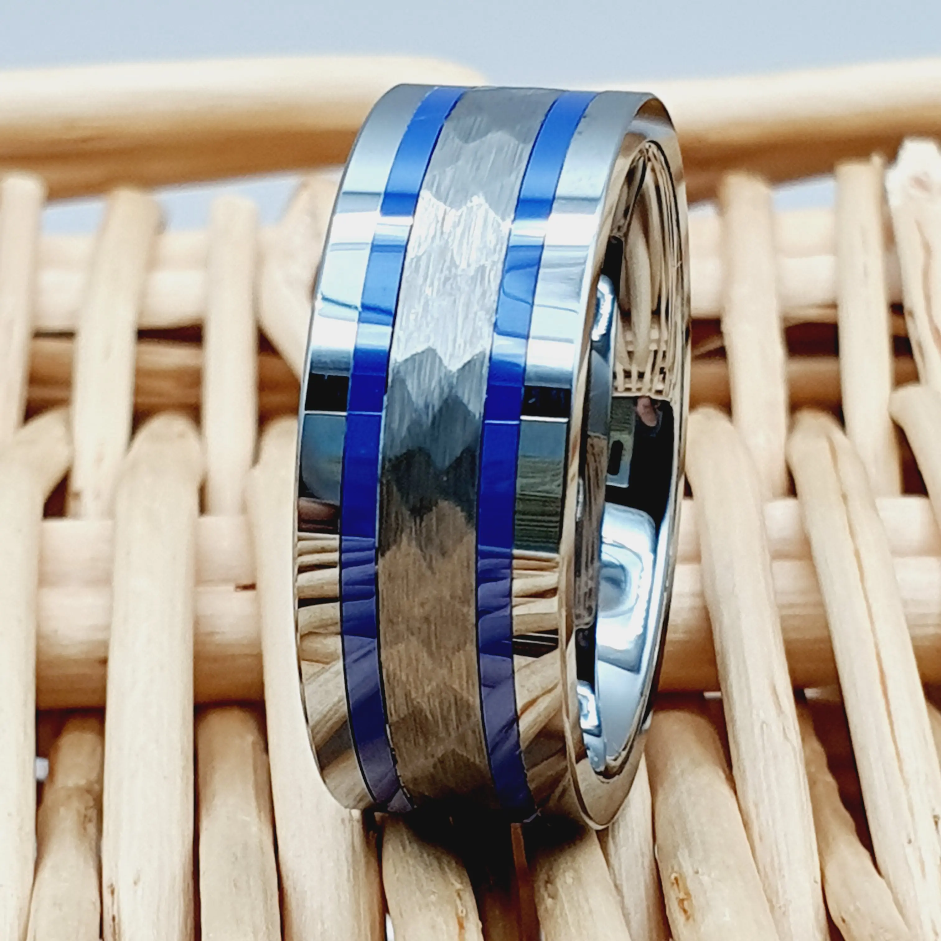 Blue Grooved Tungsten Wedding Ring for Men - Hammered 8mm Engagement Ring