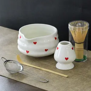 Heart Shape Matcha Set, Bamboo Whisk Holder, Ceramic Bowl with Spout, Tea Strainer Spoon, Perfect Gift for Matcha Lovers