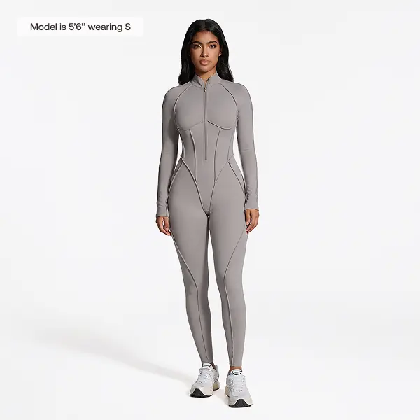 BetterMe Women's Long Sleeve Zip-Front Open-Back Catsuit, Full-Length Compression Jumpsuit for Workout Yoga Gym Activewear