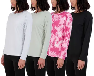 Real Essentials 4 Pack: Women's Dry-Fit Tech Stretch Long-Sleeve Athletic Workout T-Shirt (Available in Plus Size)