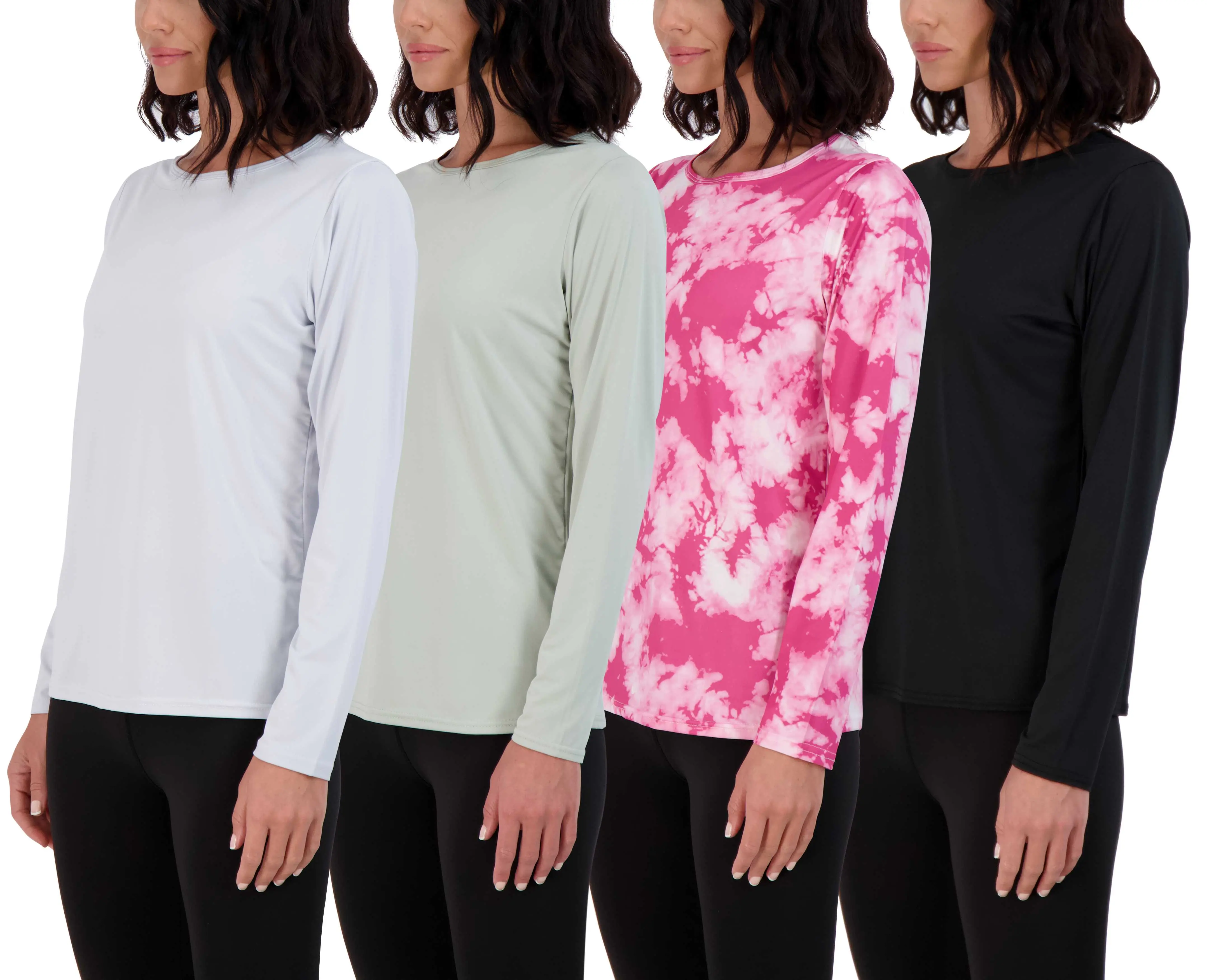 Real Essentials 4 Pack: Women's Dry-Fit Tech Stretch Long-Sleeve Athletic Workout T-Shirt (Available in Plus Size)