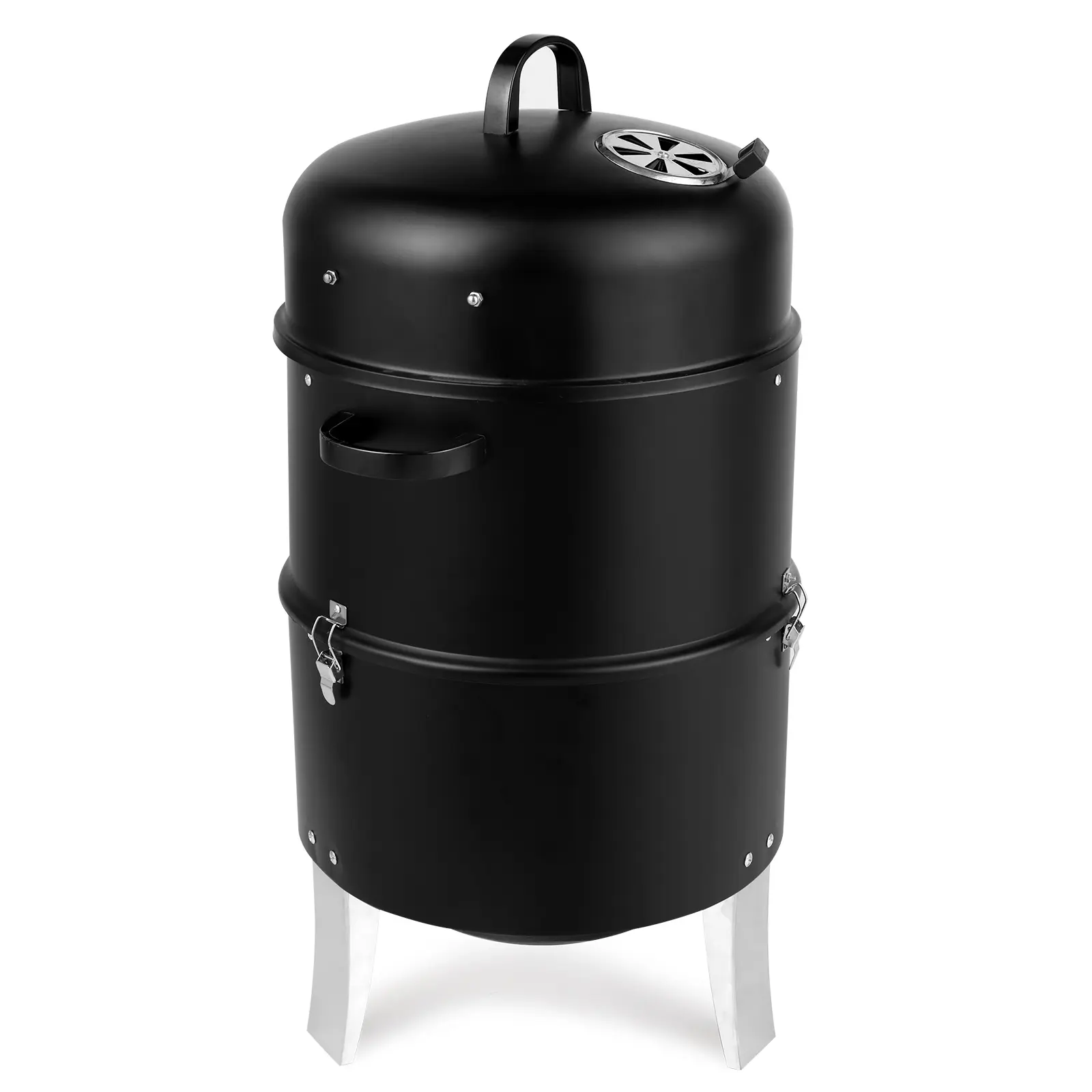 Black Vertical Barrel Double-Layer Round Charcoal Smoker - Steel & Iron BBQ Unit with Built-in Thermometer, Adjustable Air Vent, Hanging Hooks - Multi-Use Outdoor Cookout Gear for Backyard, Camping