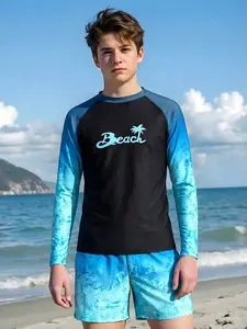 Lightweight Breathable Water Sports Set, Blue Tie-Dye Gradient Kids Swimwear, Long Sleeve + Quick Dry Shorts, Casual All Seasons, Swimsuit Sets, Summer Swimwear