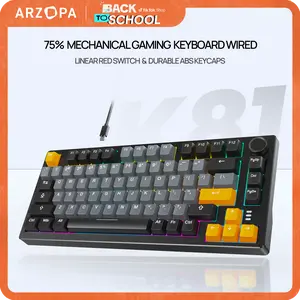ARZOPA 75% Mechanical Gaming Keyboard Wired, RGB Backlit 81 Keys Compact Mechanical Keyboard Socket Dedicated Red Switch Gasket Mount Keyboard Knob Volume Control Linear Sound Absorbing Pads for Game and Office, Suitable for Windows Laptop PC Mac
