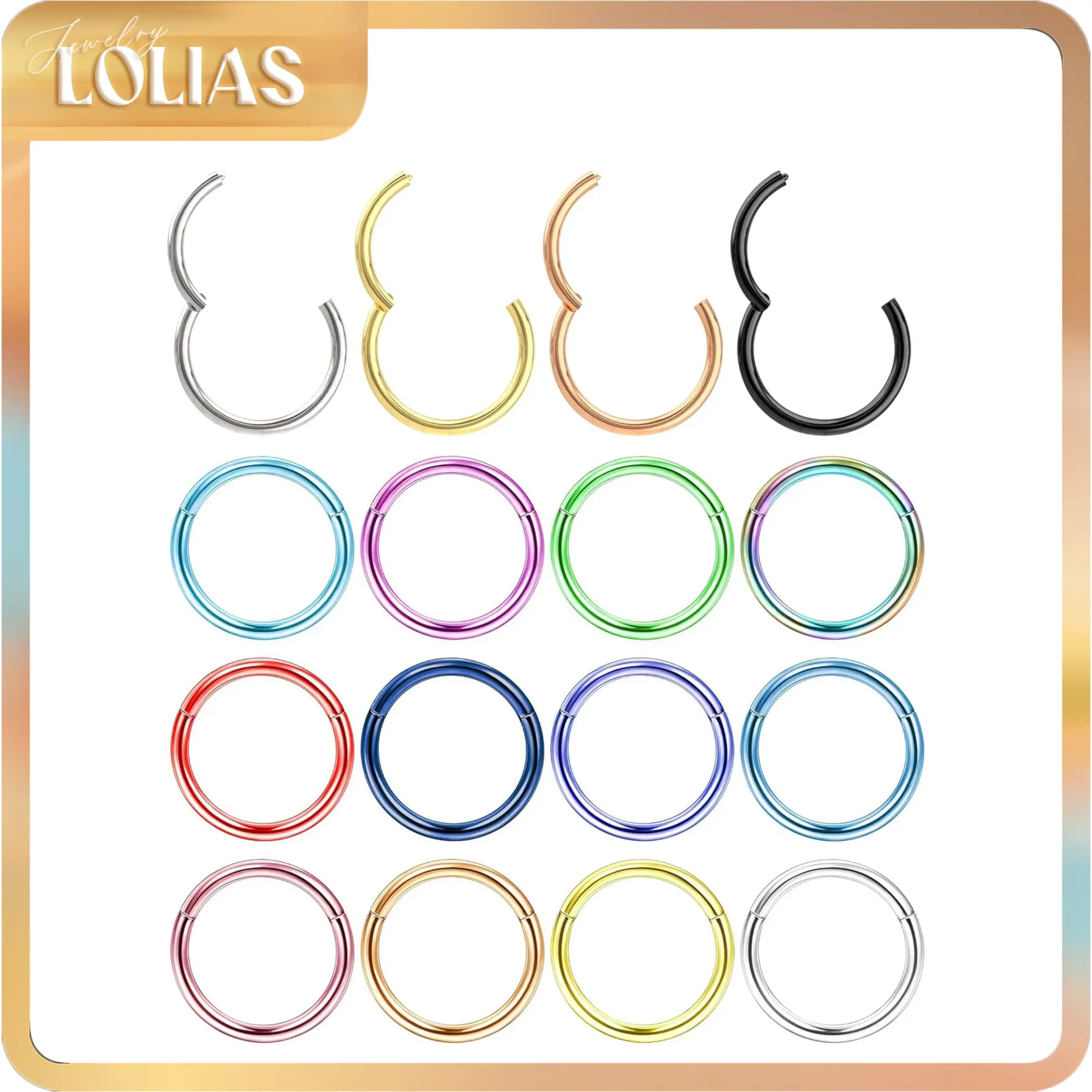 LOLIAS Unisex Multi-Size 16G-18G Hypoallergenic Surgical Stainless Steel Plain Clicker Hinge Nose Ring - Secure Fit, Circular Septum Jewelry for Nose Piercing, Helix, Casual Wear Argolla Style, Color Stays Bright, Great for Weddings & Dates