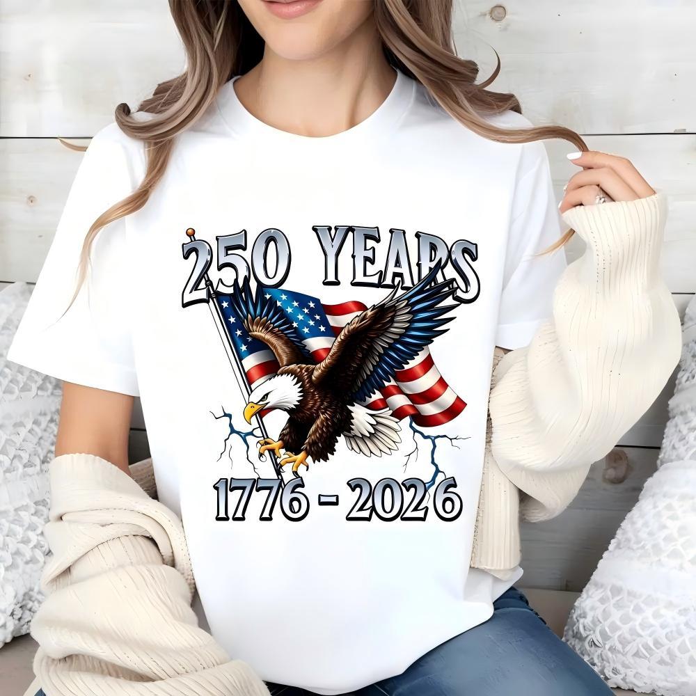 American Eagle Independence Day 250 Years 1776 2026 T-Shirt White Patriotic Flag And Bird Design For Celebrations And National Events,4th of July Women Streetwear Top