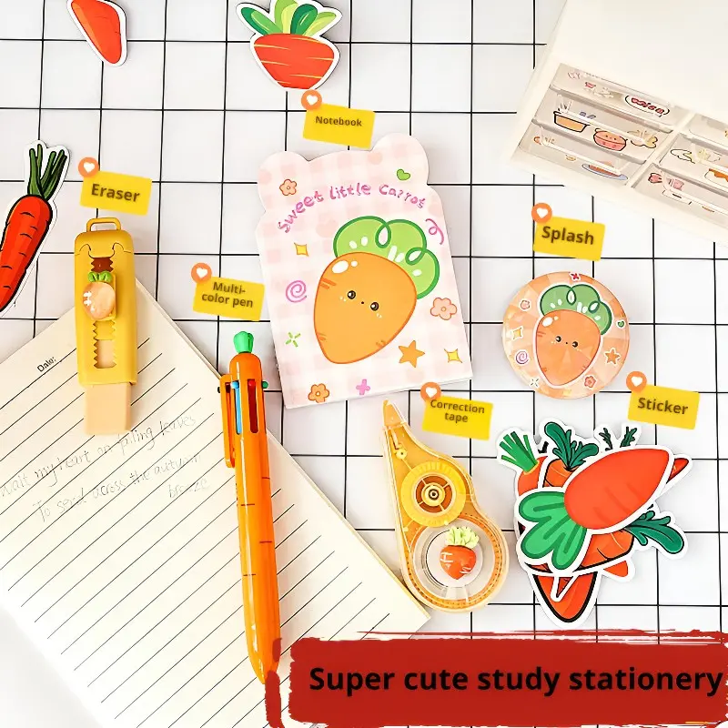 A set of 6 carrot themed stationery items, including alien notebooks, erasers, six tone ballpoint pens, correction tapes, stickers, badges, perfect office and study supplies for Children's Day gifts
