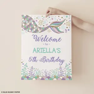 Mermaid Birthday Welcome Sign Under the Sea Party Mermaid Baby Shower Pool Party Decorations Beach Ocean Starfish EDITABLE TEMPLATE MER7