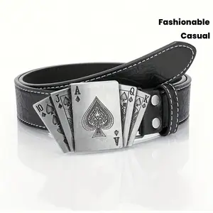 Men'S Punk Style Playing Card Belt - Adjustable Black Faux Leather Belt with Silver-Toned Buckle, Ace of Spades Design, Perfect for Casual or Edgy Outfits, Casual Belt | Trendy Waist Accessory | Alloy Buckle Bel