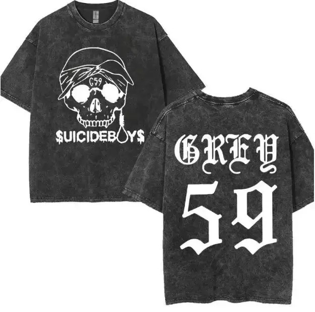 Vintage Washed Cotton T-Shirt with 59 Skull Graphic, Unisex Gothic Streetwear Short Sleeve Casual Top, Tops, Shortsleeve, Menswear, Fabric, Retro