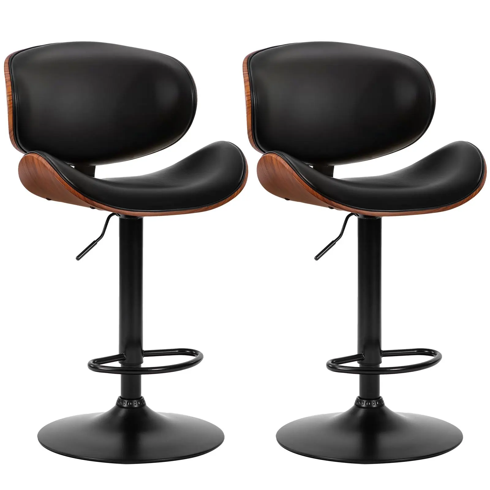 Sweetcrispy 2-Piece Swivel Bar Stools Set - Armless Contoured 360° Swivel Height-Adjustable Rolling Chairs with Backrest, Footrest, Modern PU Leather, Bentwood Home Kitchen Counter Furniture (24.04-33.04 in, Assembly Required), Swivel Chairs