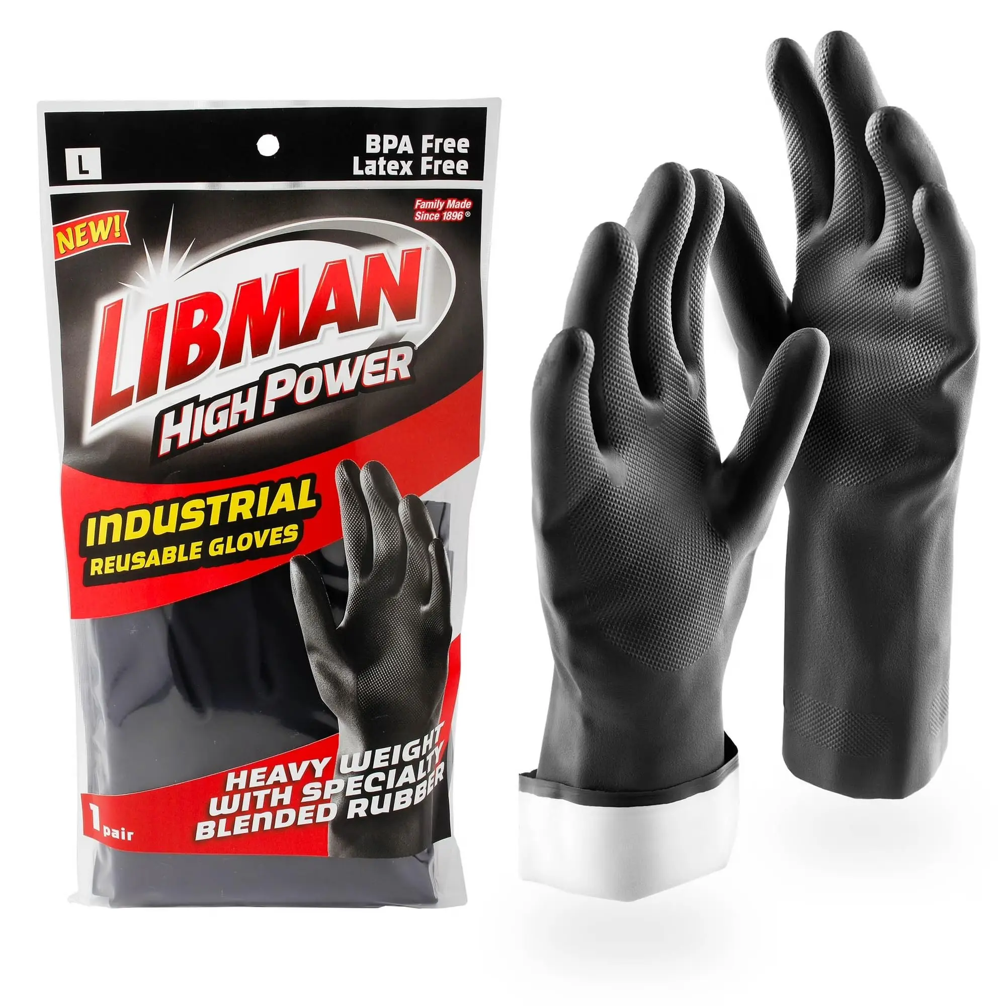 Libman Heavy Duty Black Textured Anti-Slip Waterproof Rubber Cleaning Gloves, Chemical Resistant, Reusable Mechanic Grip, Washable Industrial Cleaning Gloves, Textured Anti Slip Cleaning Gloves