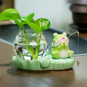 Cute Fish Pond Hydroponic Flower Pot - Ceramic Cat/Frog Shaped Decorative Item without Plants, Office Green Culture Vase, Lazy Hydroponic Set, Desktop Healing Gift, Hydroponic Planters