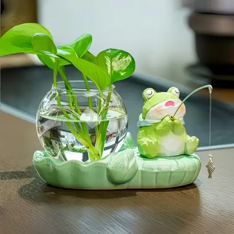 Cute Fish Pond Hydroponic Flower Pot, Ceramic Cat/Frog Shaped Decorative Item without Plants, Office Green Culture Vase, Lazy Hydroponic Planters Set, Planting Container, Desktop Healing Gift