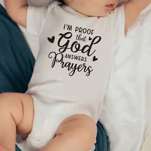 Cotton Round Neck Baby Boy Bodysuit - Short Sleeve Religious "I'm Proof God Answers Prayers" Infant Buttons Jumpsuit, Summer Kids' Fashion Christian Holiday Gift