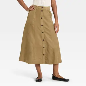 Universal Thread Women's Faux Suede Midi A-Line Skirt - Solid Tan Color, Button Front, Side Pockets, Casual Fit, Midweight Polyester Blend Fabric