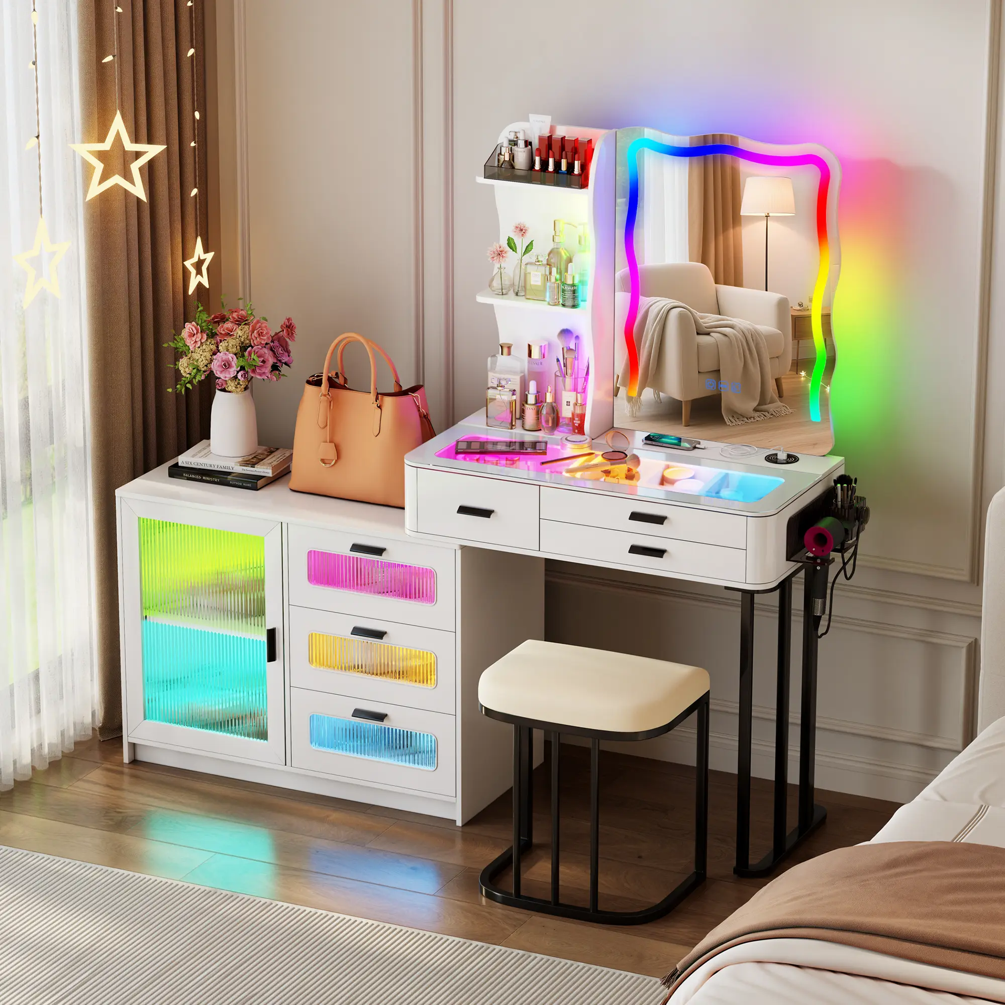 Miuvanity Set with 24-Color RGB Lights, Wireless Charging, HD Mirror, 6-Drawer Chest & Big Storage Furniture Organizing - Modern Design Adjustable Brightness,Vanity with LED Mirror and Power Outlet