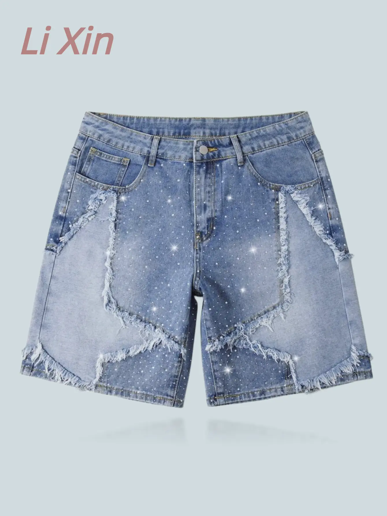 Menswear Unisex Rhinestone Star-Patterned Denim Shorts - Frayed Hem, Loose-Fitting Straight Leg, Casual Street Style Beige Plain