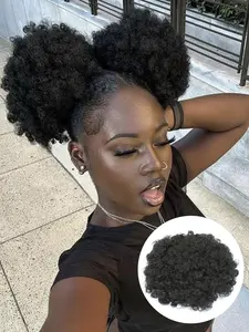 8-Inch Afro Drawstring Ponytail Wig, Synthetic ponytail hairpiece, Available in Black or Brown (60g). This short, synthetic Afro-style ponytail features a clip-in design to create a curly bun, making it perfect for occasions such as Halloween, Christmas