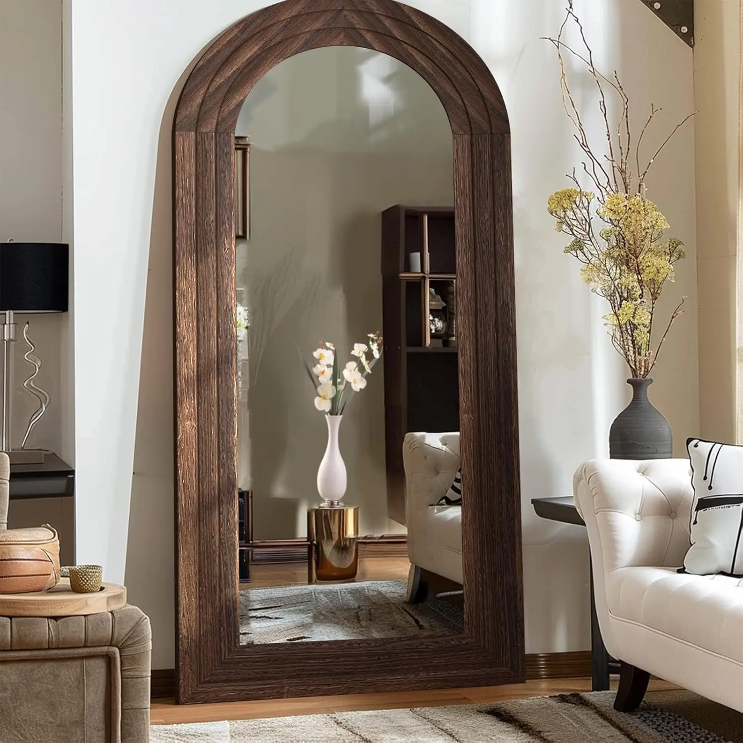 OMNIRA Arched Full Length Mirror with Solid Wood Frame, 71x32 Farmhouse Wall Mounted Floor Mirror with Stand, Vertical Hanging, Leaning Standing for Bedroom, Living Room, Brown