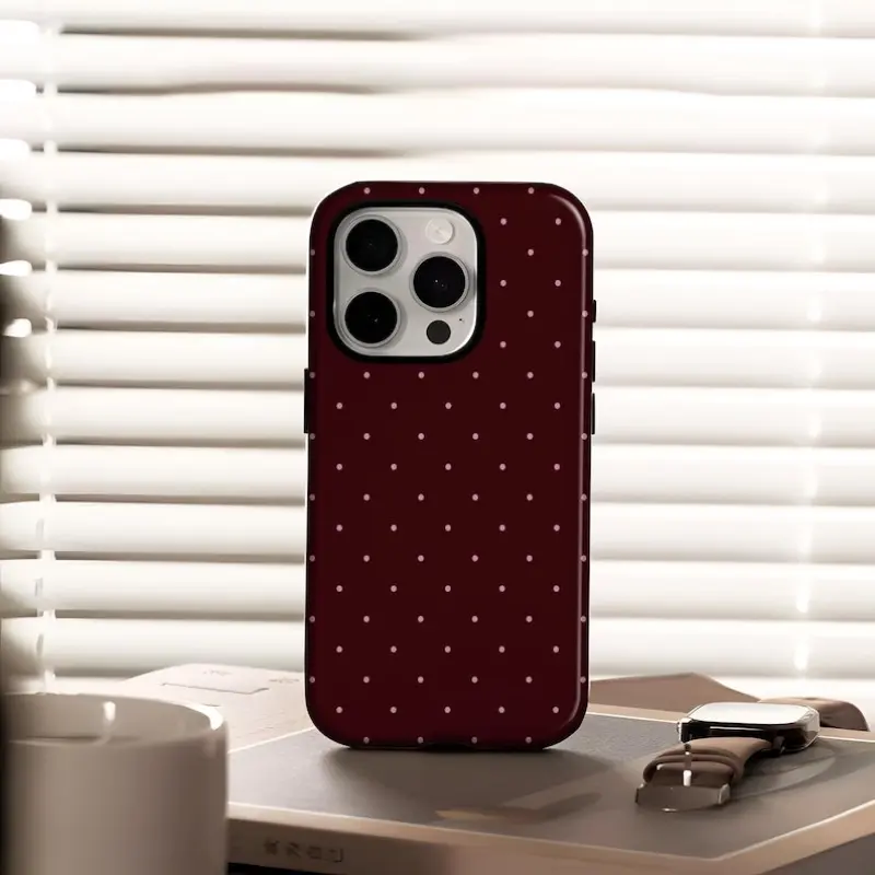 Burgundy polka dot vintage design 2-in-1 phone case Cover with durable, shock-absorbing, Shockproof, Protective, Protection, and stylish design Accessories. Compatible with iPhone 17 16 15 14 13 12 11 Pro Max Pro Plus Samsung Galaxy S25 S24 S23 Ultra