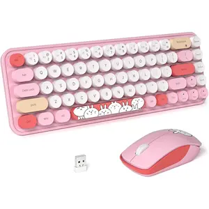 F-KBB04  Wireless Keyboard and Mouse Cute Mouse and Keyboard 2.4G Wireless Keyboards with Colorful 68 Keys Typewriter Retro Round Keycap for PC, Laptop,Tablet,Computer Windows - Pink Colorful