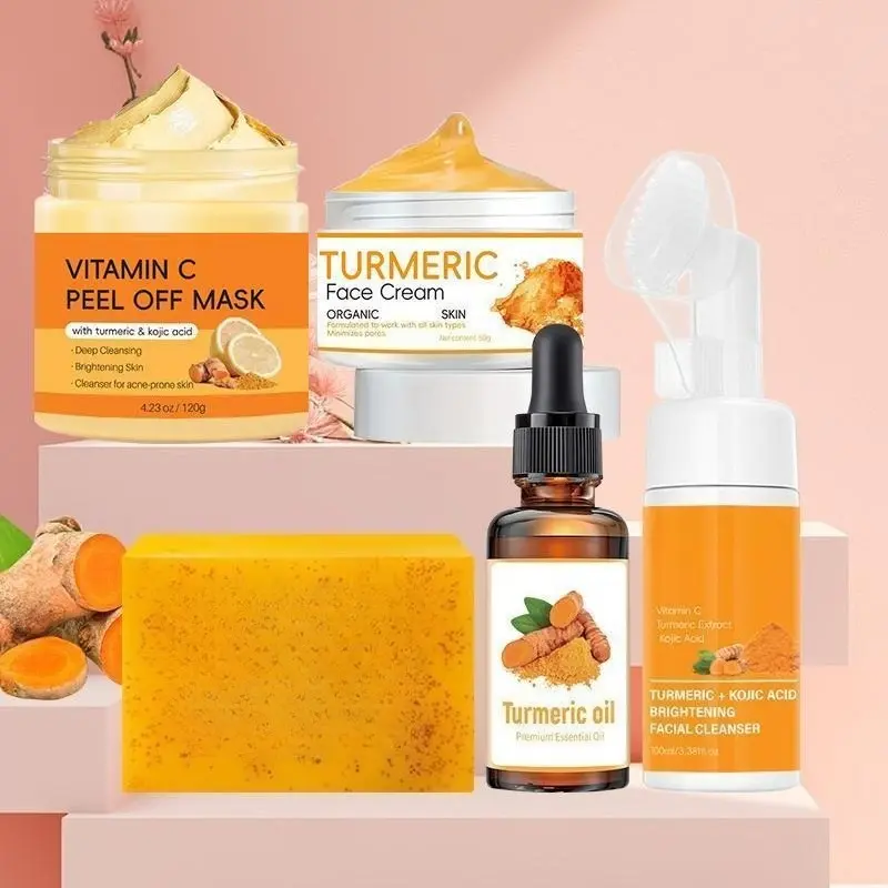 Deep Cleaning Turmeric Skin Care Kit, Nourishing Peel Off Mask & Cleaning Soap & Facial Cleanser & Turmeric Oil & Face Cream Christmas gifts