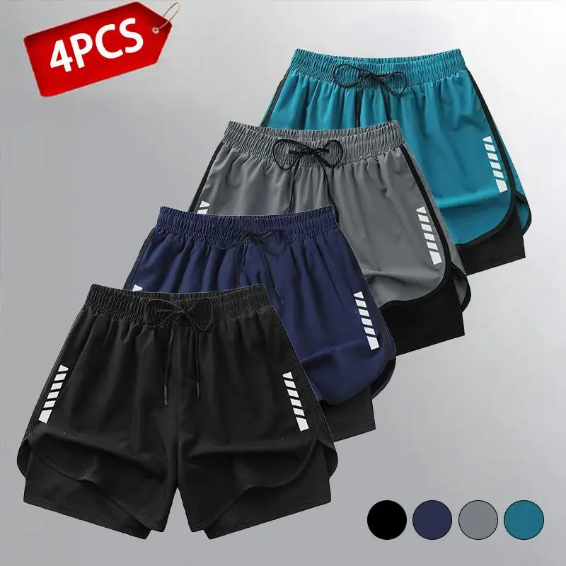 Men’s 4-Pack Fitted 2-in-1 Athletic Shorts - Bright Color Assorted, Reflective Strips, Drawstring Tie, Ideal for Running, Gym, Outdoor Sports, Bright Color Men's Shorts