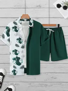 Men's Dark Green & White Tropical Floral Print Patchwork Home Casual Loungewear 2-Piece Set, Pajama Set, Pjs - Short-Sleeve Lapel Button-Down Shirt + Elastic Drawstring Waist Dark Green Shorts, Lightweight Breathable Fabric, Homewear