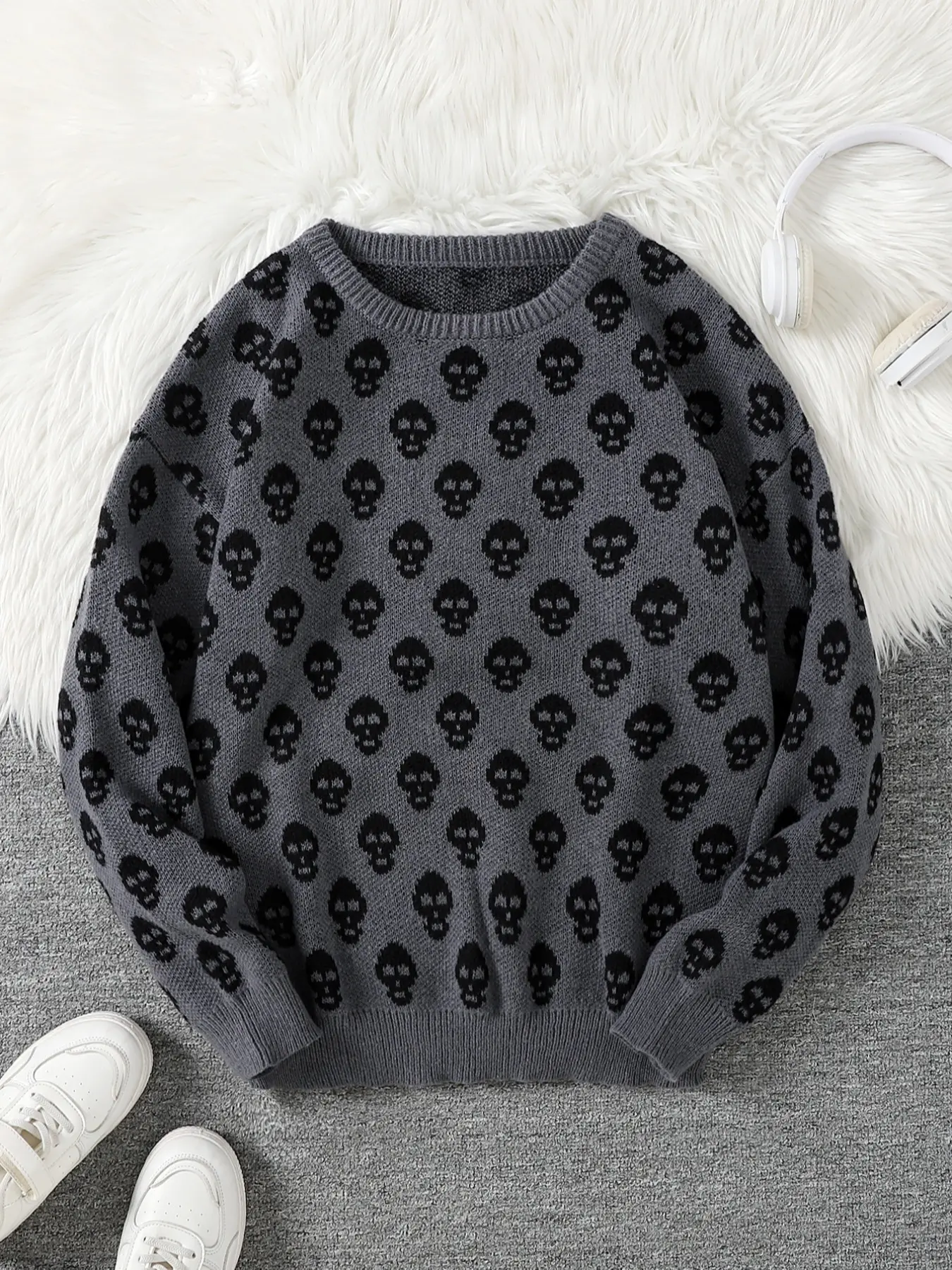 New Trendy Fall Winter Knitwear Full Print Skull Knit Sweater, Casual Round Neck Pullover Tops for Men, Super Cool Winter Gift, Printed Pullover