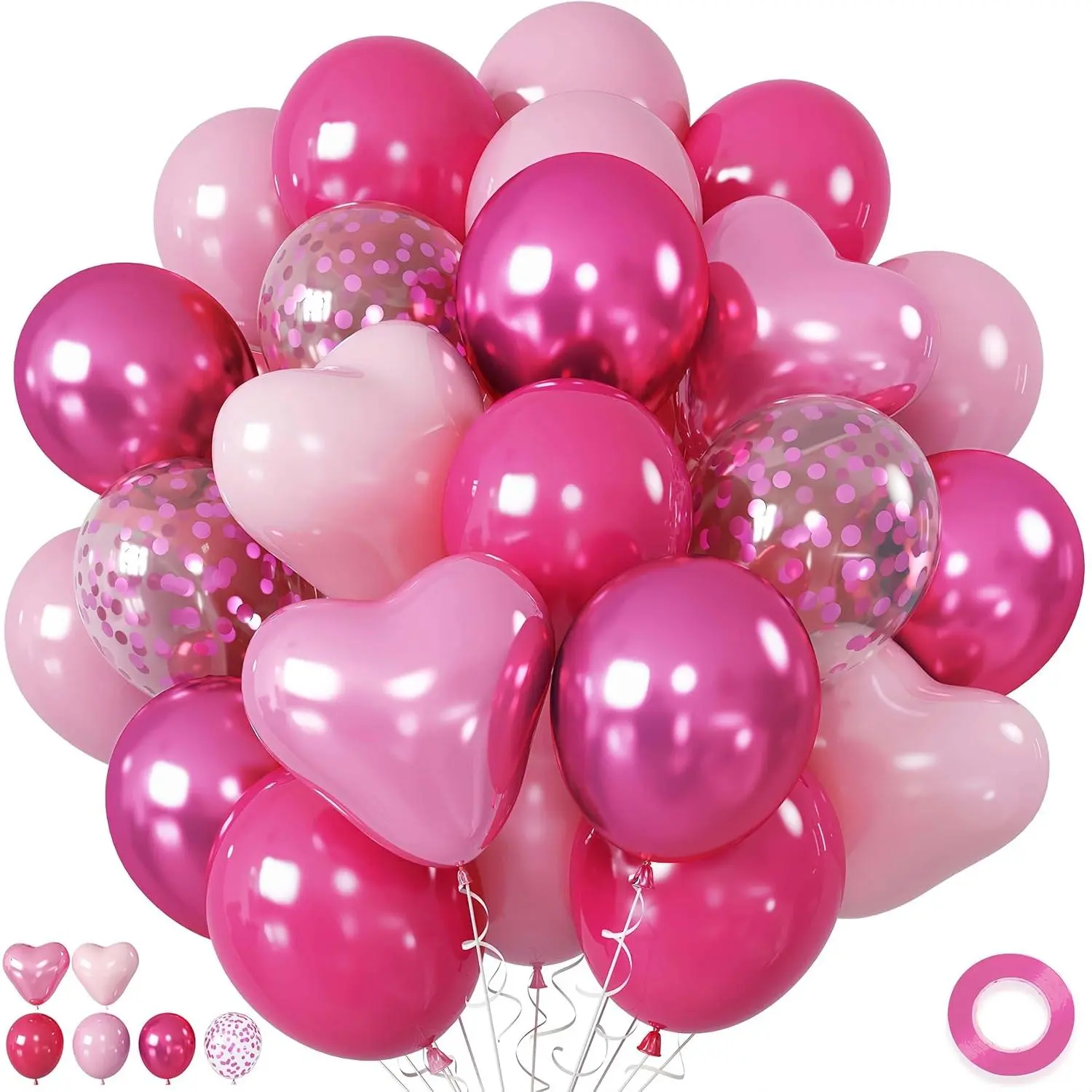 Vibrant 36-Piece 12-in Natural Latex Biodegradable Metallic Pink Chrome Heart-Shape Balloons Set - Dark Pink Confetti Balloons for Girls’ Parties, Valentine's Day, Birthday Decor, Inflatable Reliably, 36 Pieces