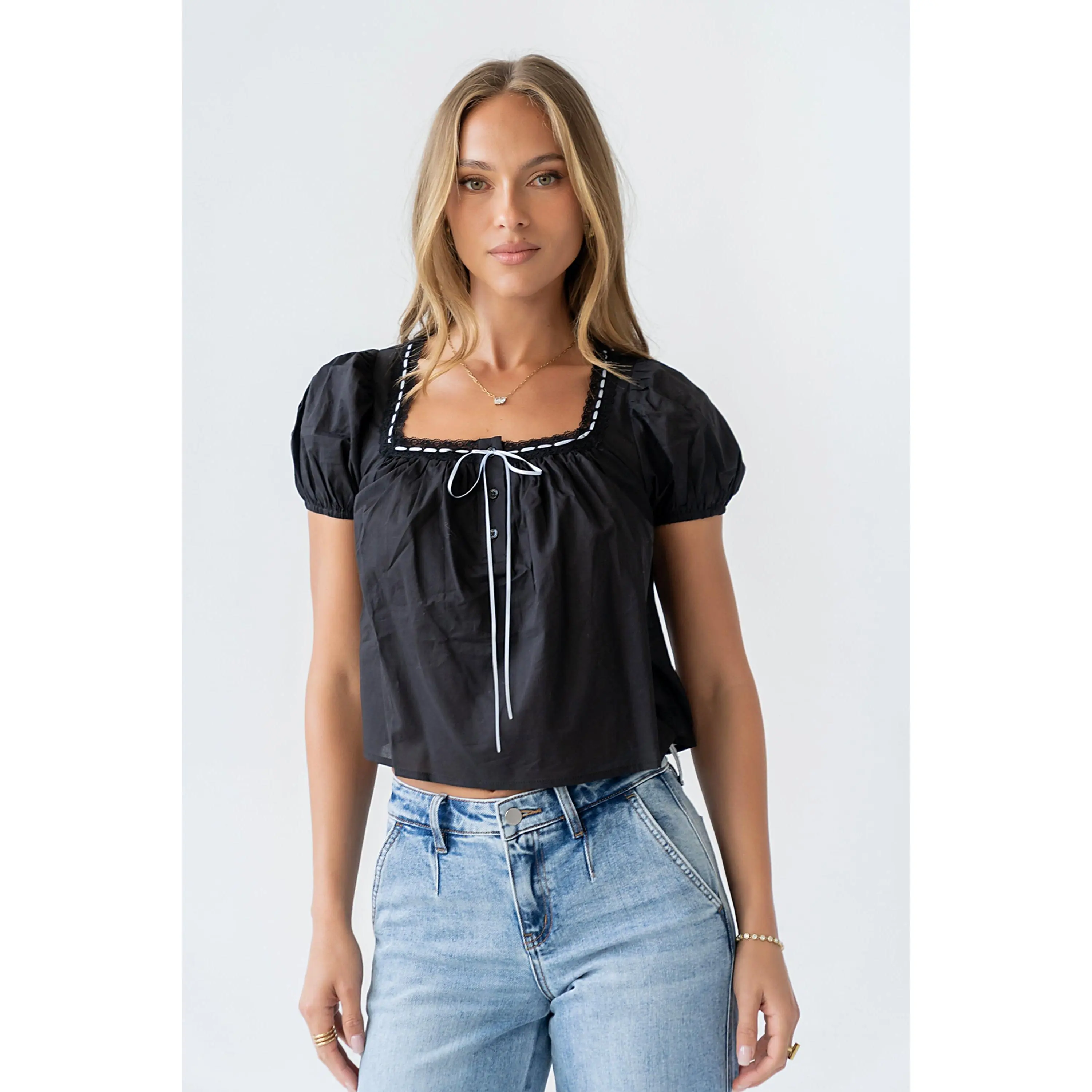 Women's Claire Cotton Poplin Blouse, Black Short-Sleeves Tops with Flattering Fit, Lace, Casual, Square Neck, Shirts, Loose-Fitting, X-Small