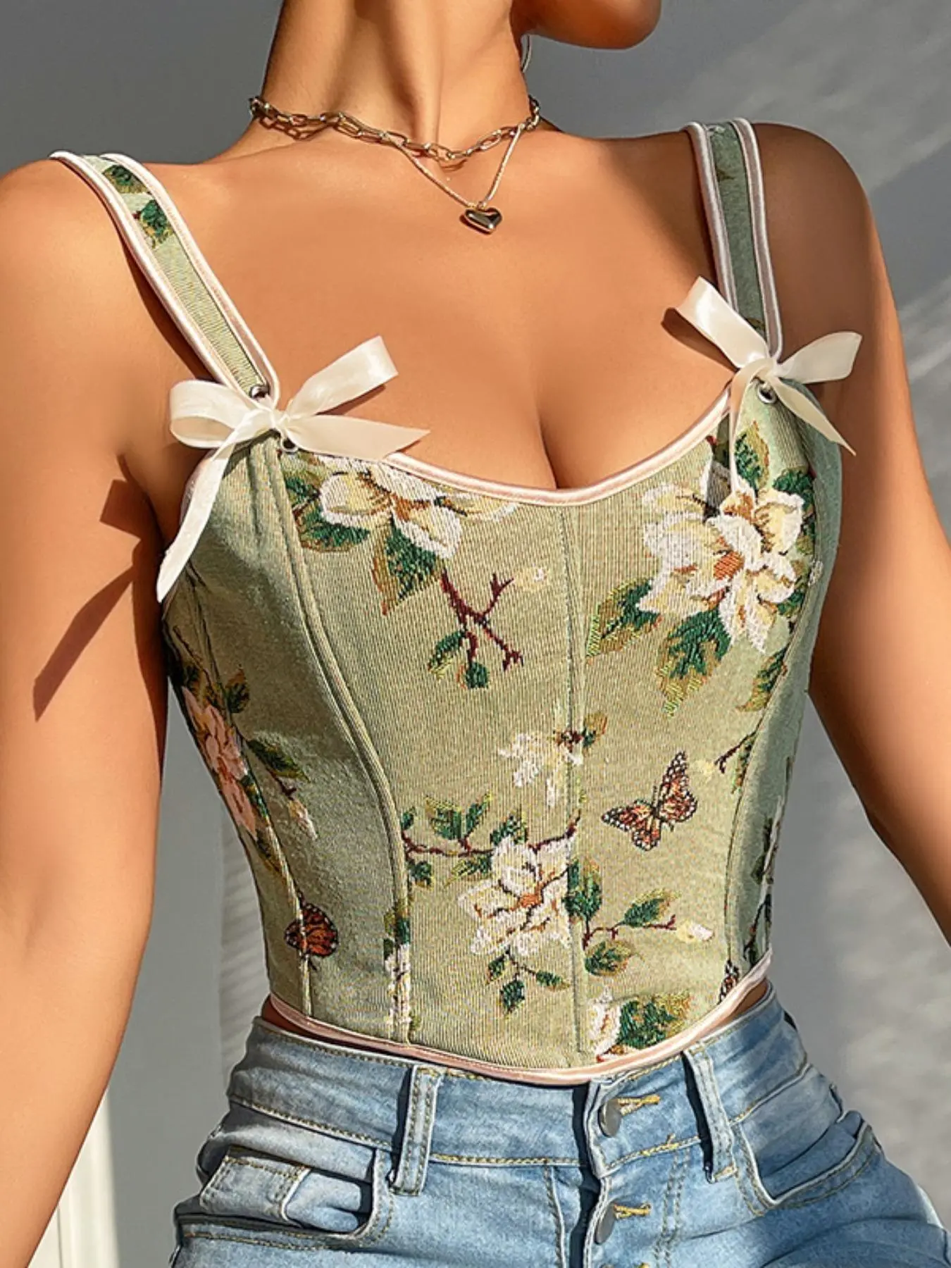 Women's Floral Print Lace Up Adjustable Corset Structure Shapewear Tank Top, Fashionable Bow Decor Shapewear Top for Daily Wear, Tummy Control Shaper for Women